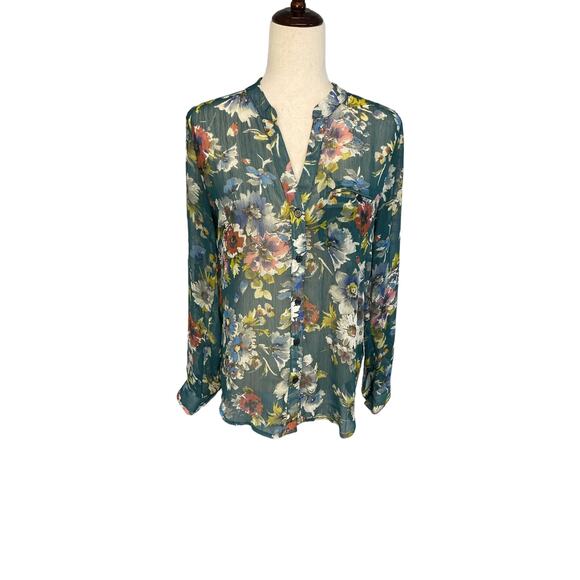 Kut From the Kloth green floral sheer button down convertible sleeve blouse med - Picture 1 of 8